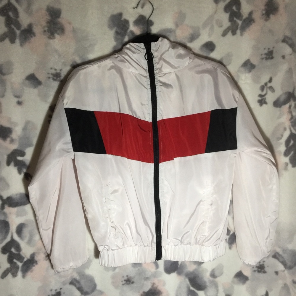 White and Red Cropped Windbreaker
